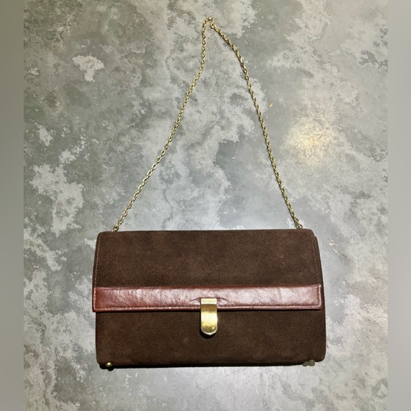 Crown Lewis Handbags - Vintage Crown Lewis Brown Suede Clutch with Gold Chain
